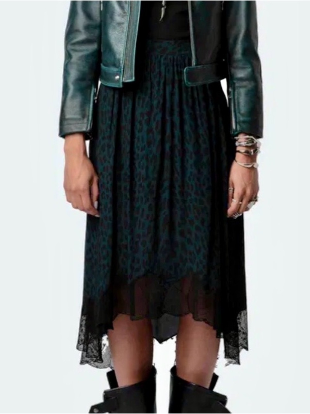 ZADIG & VOLTAIRE Joslin Green Leopard Asymmetric Midi Skirt NEW - 36/XS